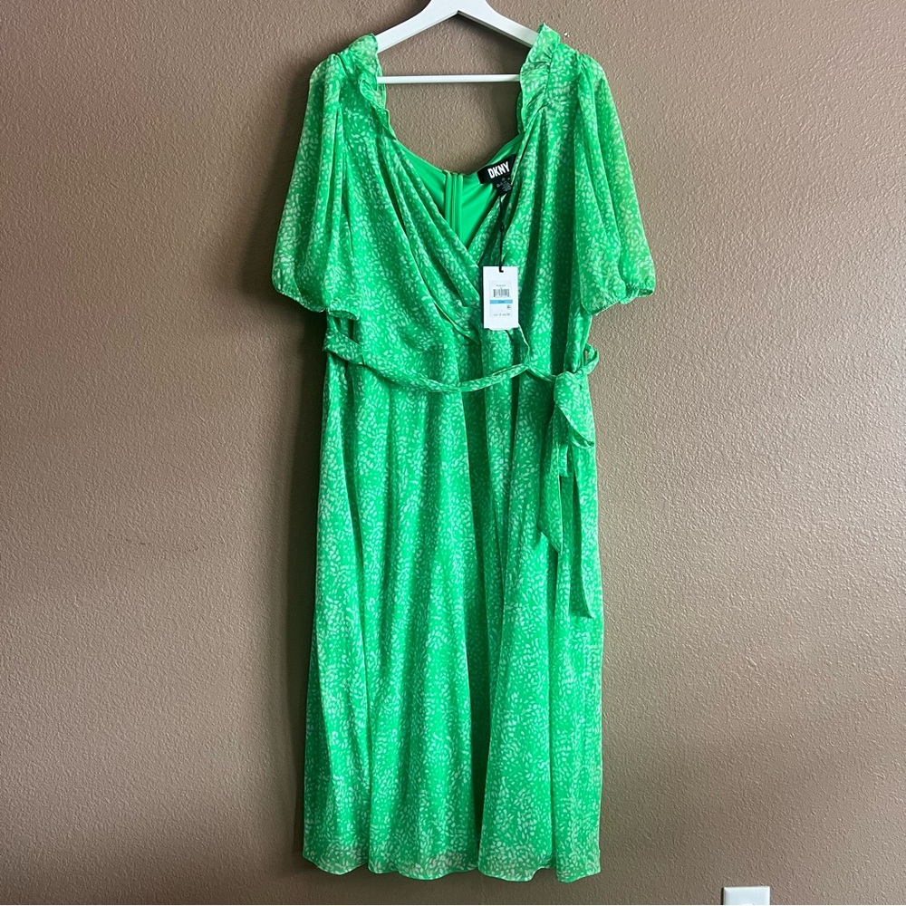 DKNY Faux Wrap Green Midi Dress with Belt Size 20W NWT